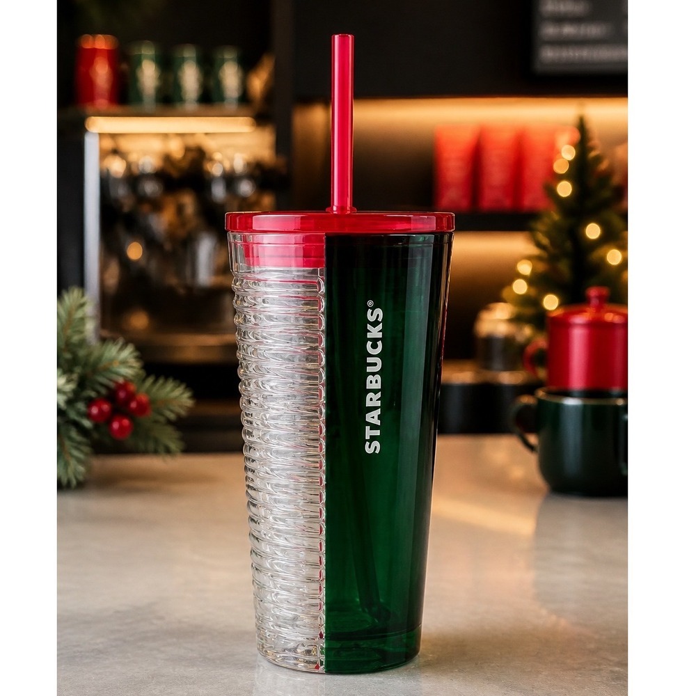 Starbucks 2023‎ Holiday Ribbed Split Green Clear Red Venti Tumbler 24oz NEW